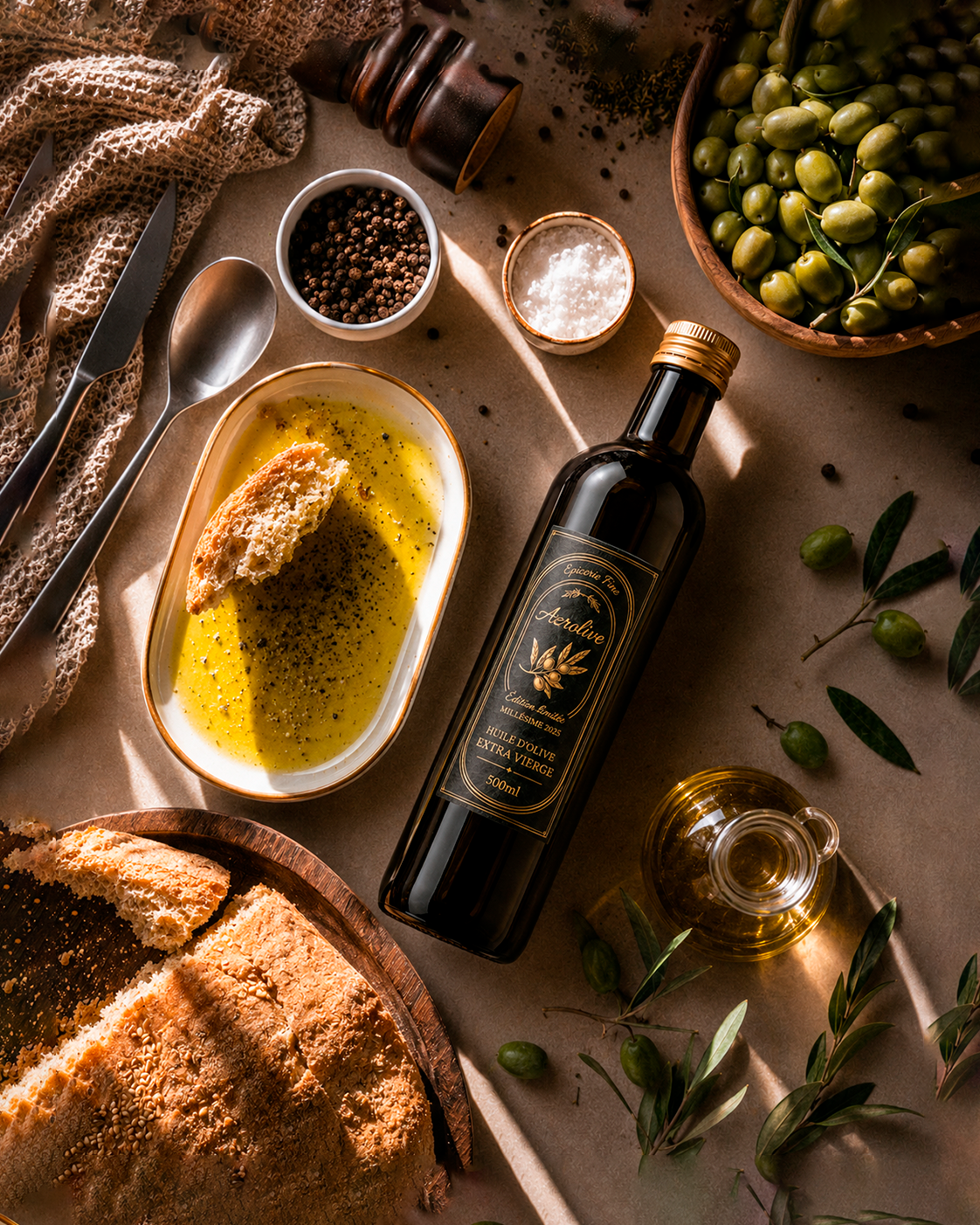 Bouteille d'huile d'olive extra vierge bio Azrolive 500ml entourée de pain artisanal, olives vertes, sel et poivre en flatlay lumière dorée