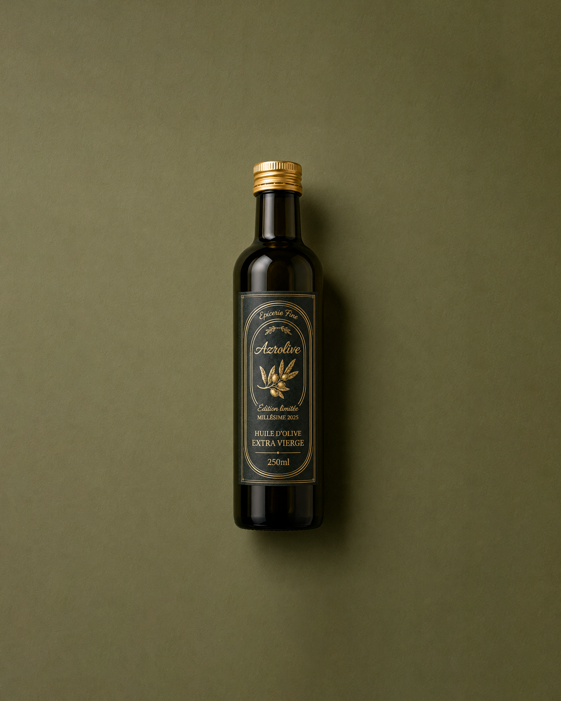 Bouteille d'huile d'olive extra vierge bio Azrolive 250ml édition limitée millésime 2025, packshot minimaliste sur fond vert olive avec capsule dorée