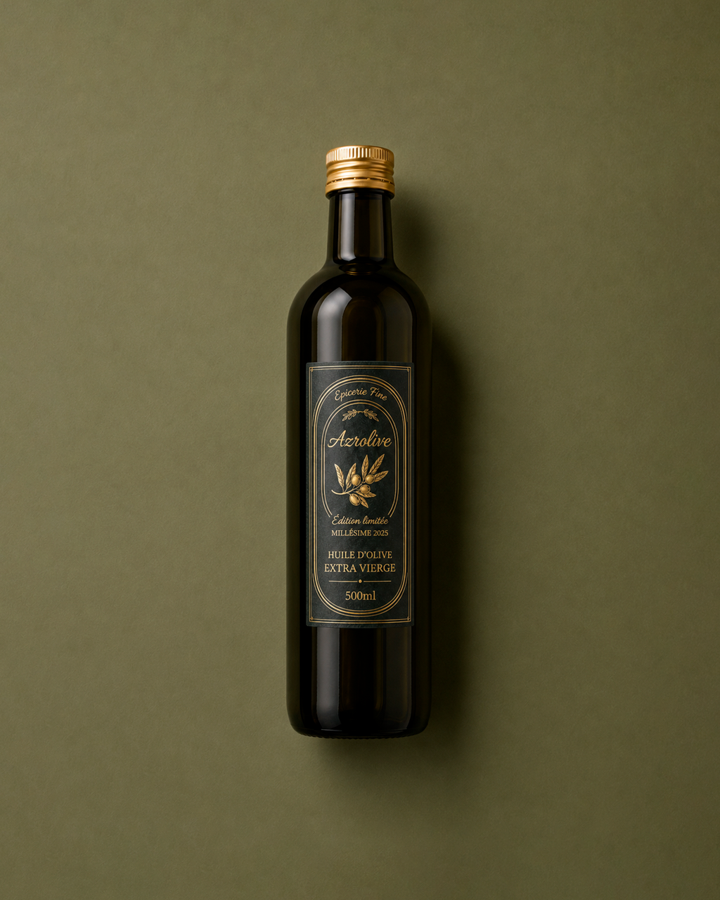 Bouteille d'huile d'olive extra vierge bio Azrolive 500ml édition limitée millésime 2025, packshot sur fond vert olive avec étiquette dorée et capsule or