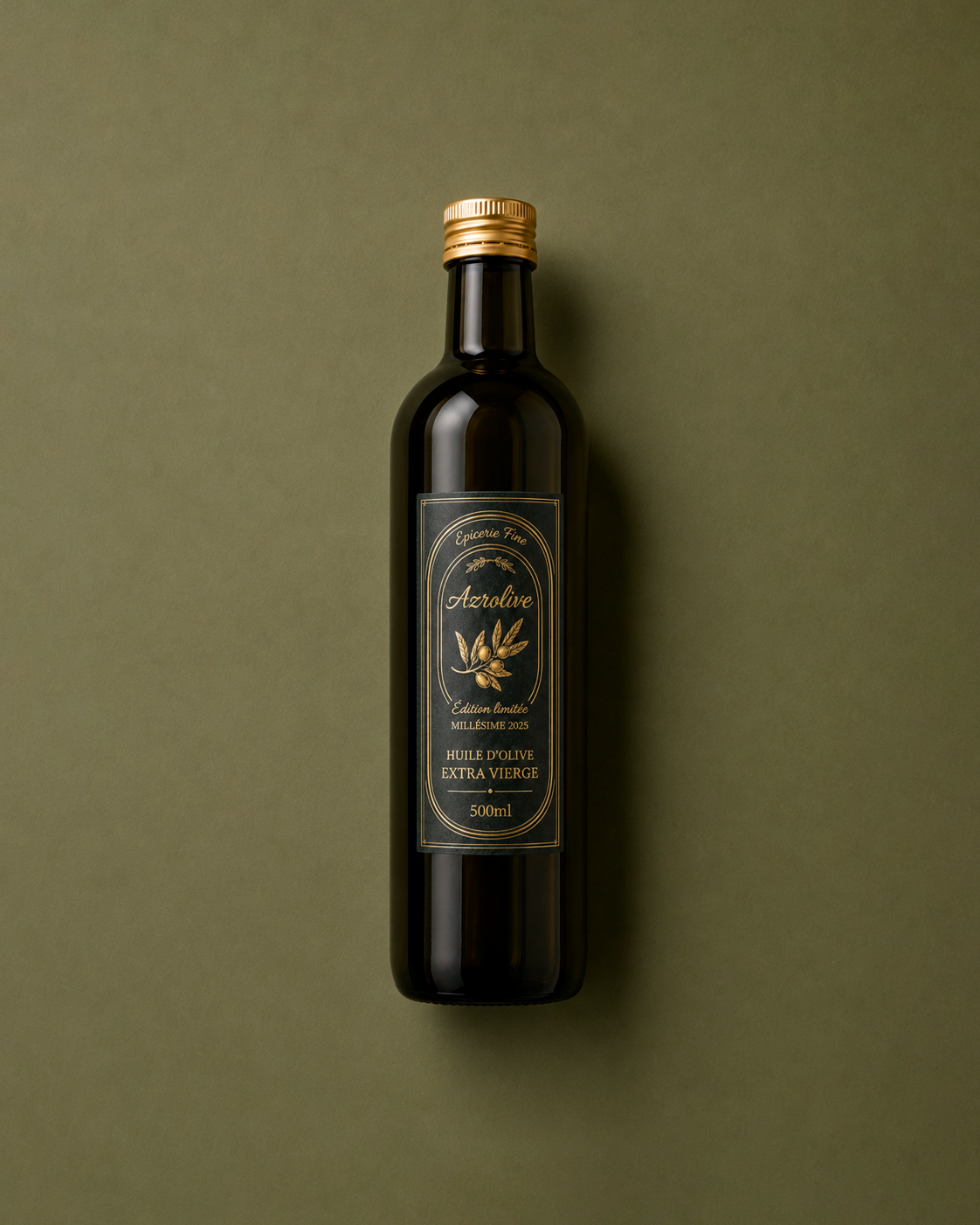 Bouteille d'huile d'olive extra vierge bio Azrolive 500ml édition limitée millésime 2025, packshot sur fond vert olive avec étiquette dorée et capsule or