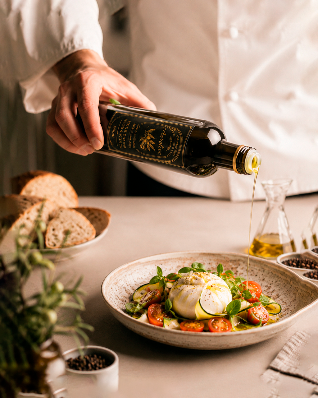 Chef versant un filet d'huile d'olive extra vierge bio Azrolive sur une burrata aux tomates cerises et herbes fraîches